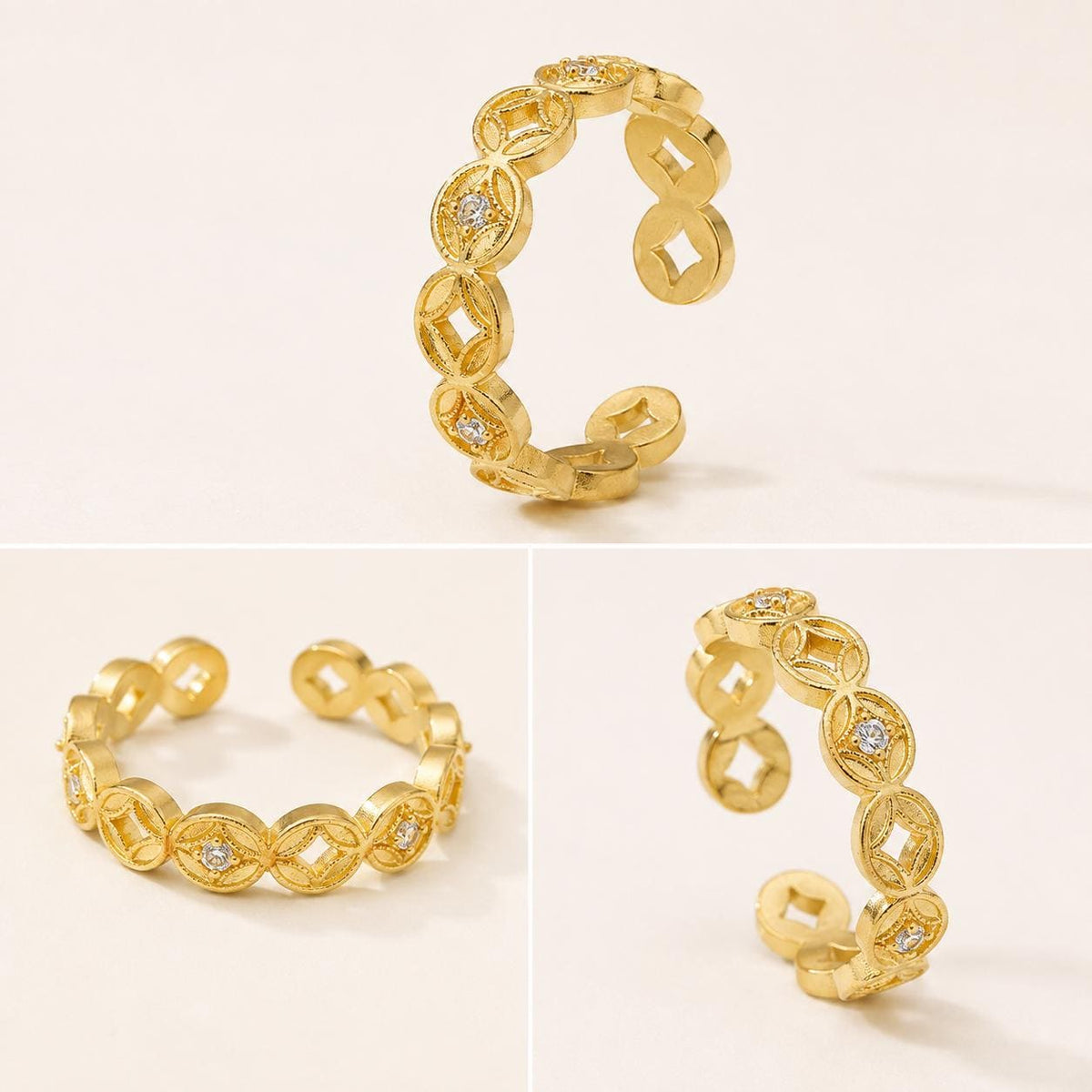 ZenWuxiang Wealth Coin Series Gold Fortune Coin Open Ring | 18K Gold Plated • Adjustable CZ Band