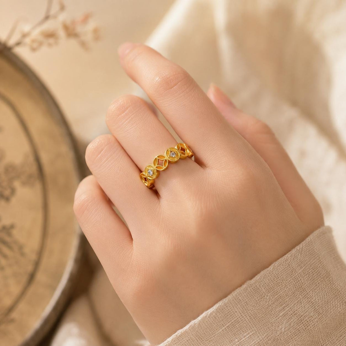 ZenWuxiang Wealth Coin Series Gold Fortune Coin Open Ring | 18K Gold Plated • Adjustable CZ Band