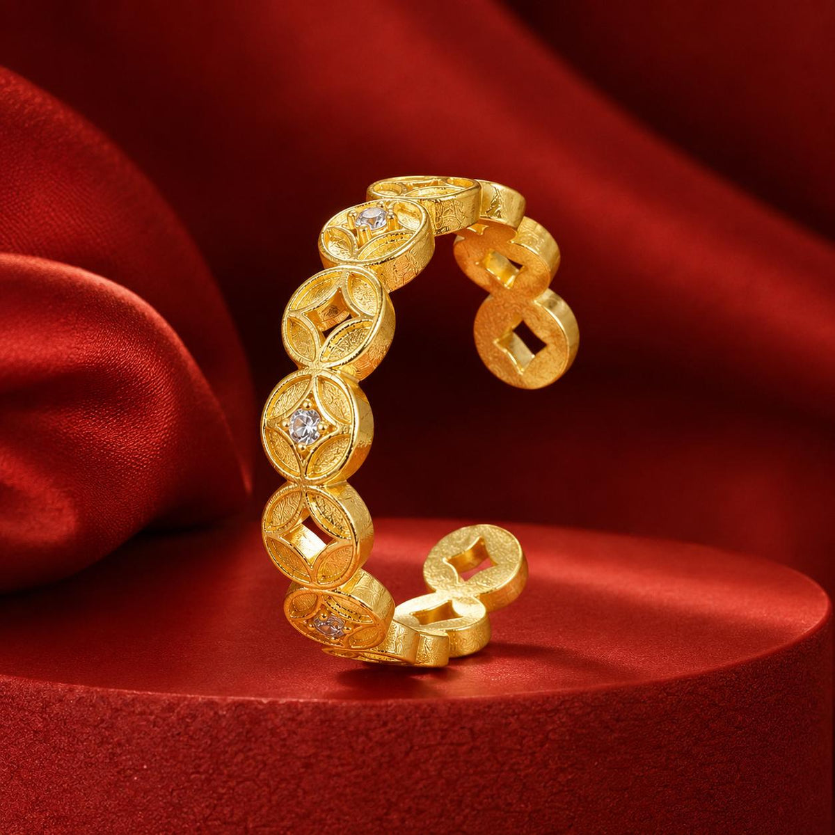 ZenWuxiang Wealth Coin Series Gold Fortune Coin Open Ring | 18K Gold Plated • Adjustable CZ Band