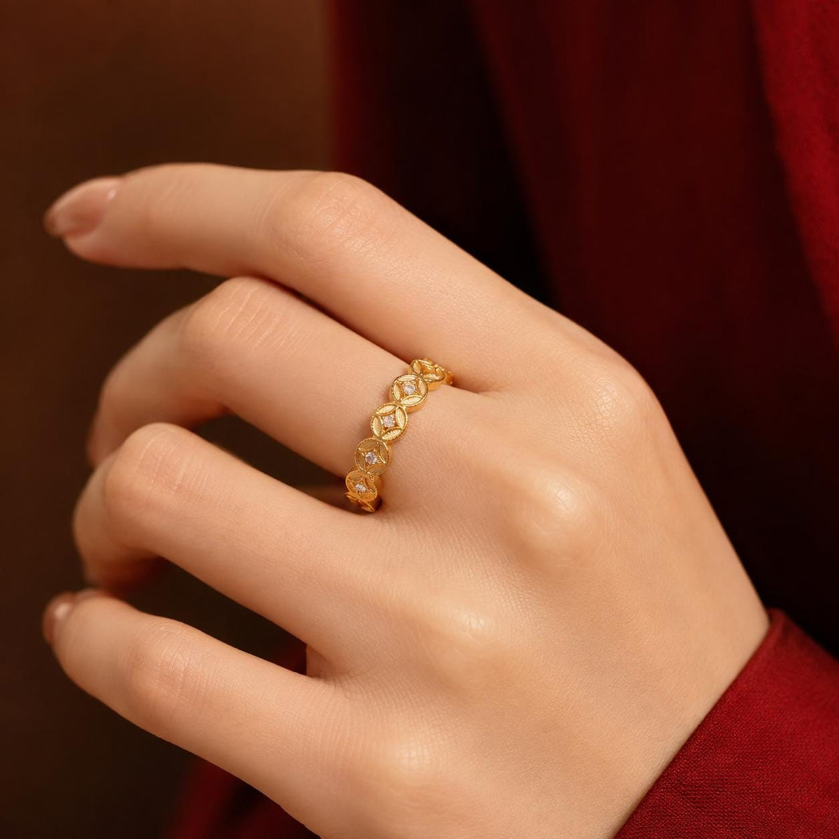 ZenWuxiang Wealth Coin Series Gold Fortune Coin Open Ring | 18K Gold Plated • Adjustable CZ Band
